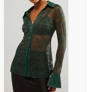 Free People Sheer Lace Button-Down Shirt in Dark Green